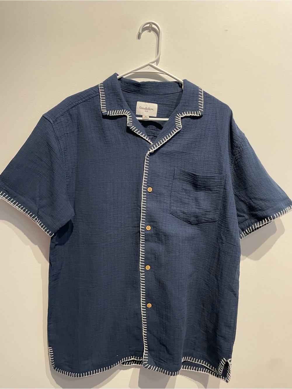 Goodfellow & Co Men’s Short Sleeve Blanket Stitch Button Down Shirt Navy Medium